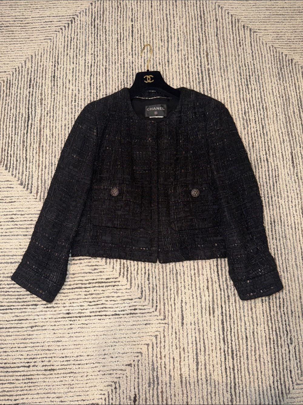 CHANEL Black Tweed Boxy Jacket with Signature Buttons